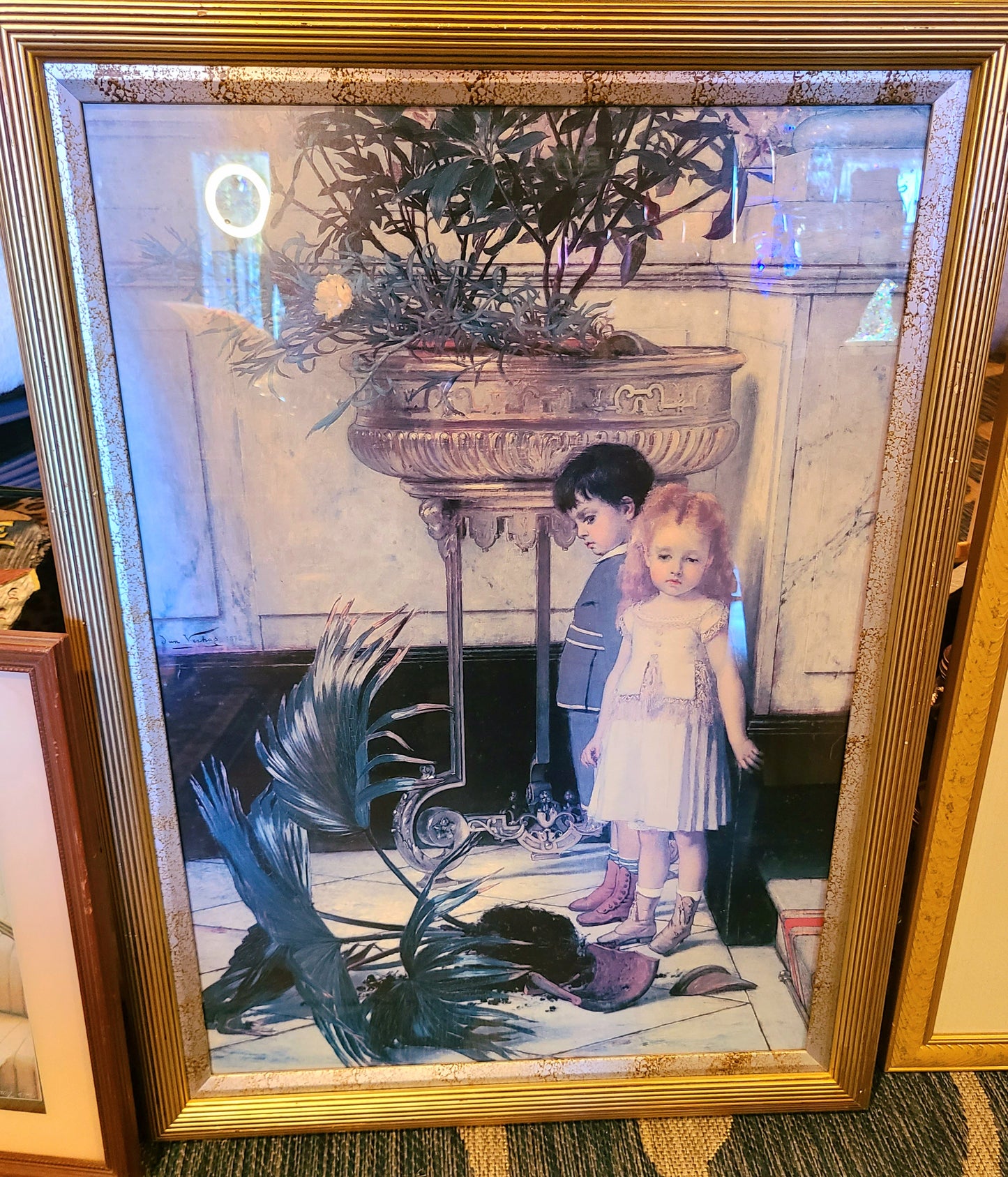 Vintage Reproduction Framed Print of "The Broken Flower Pot" by Belgian Artist Jan Verhas
