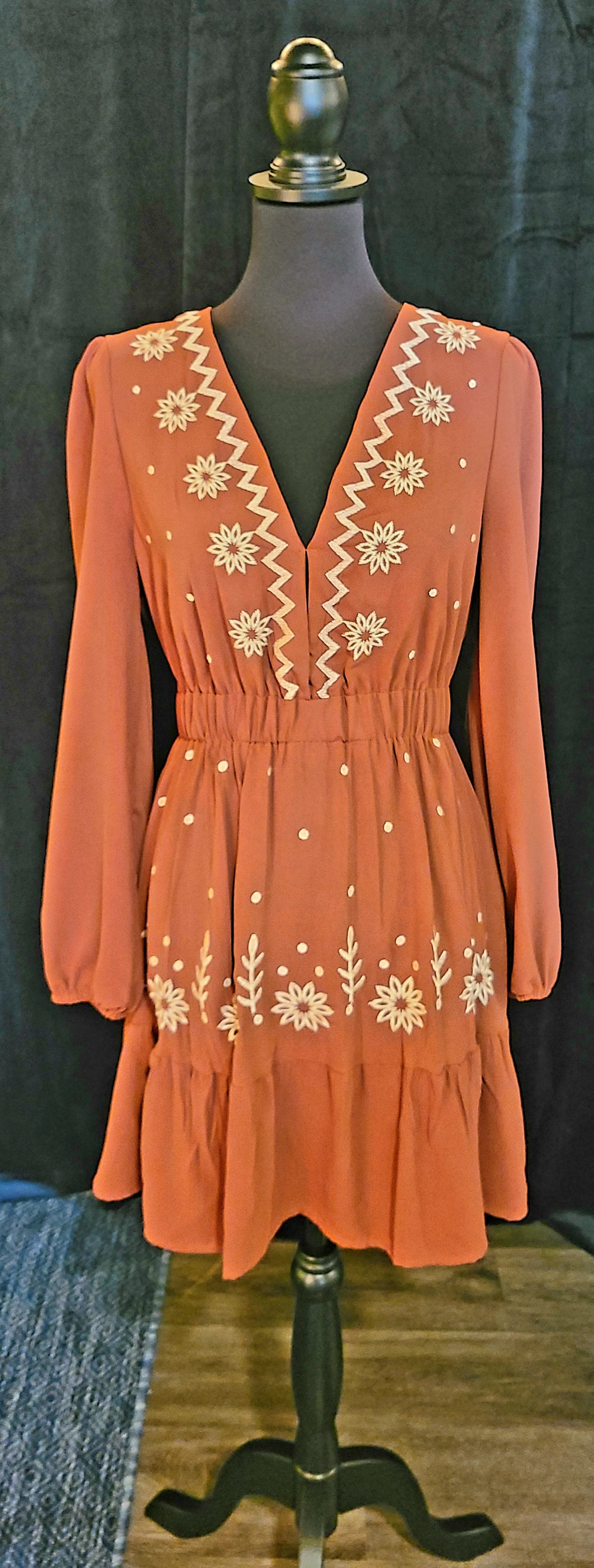 Brown Floral V Neck Dress Size Medium