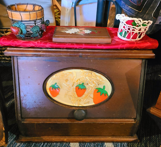 Vintage Handmade Wood Bread Box with Strawberry Design