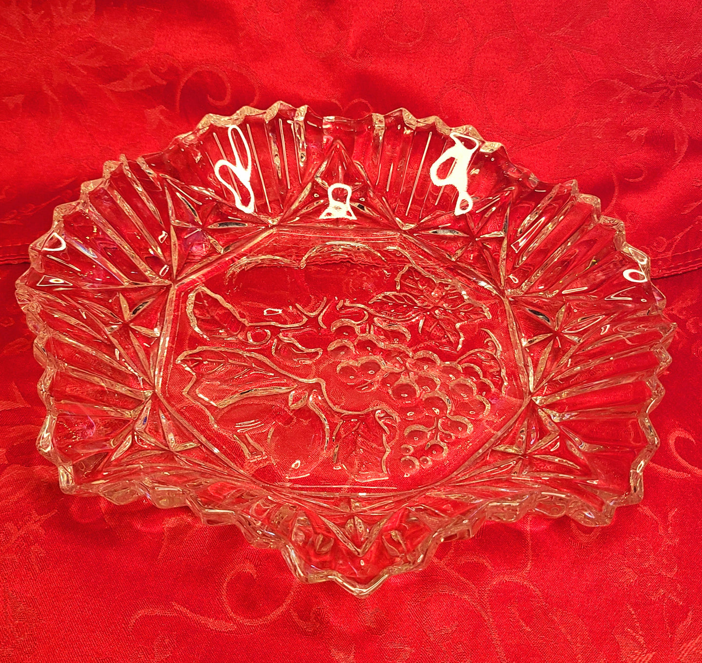 Vintage Federal Glass Platter with Embossed Fruit Design and Ruffled Edge