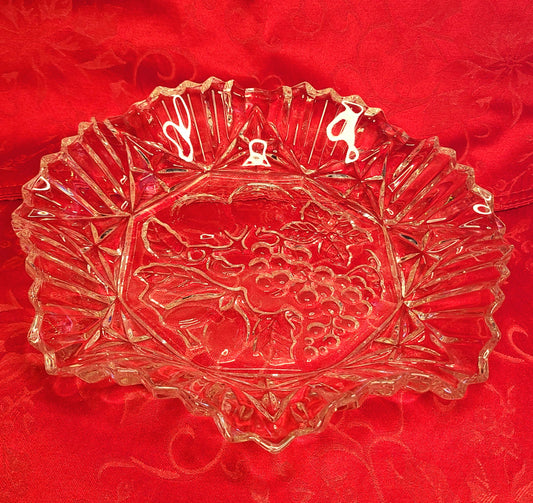 Vintage Federal Glass Platter with Embossed Fruit Design and Ruffled Edge