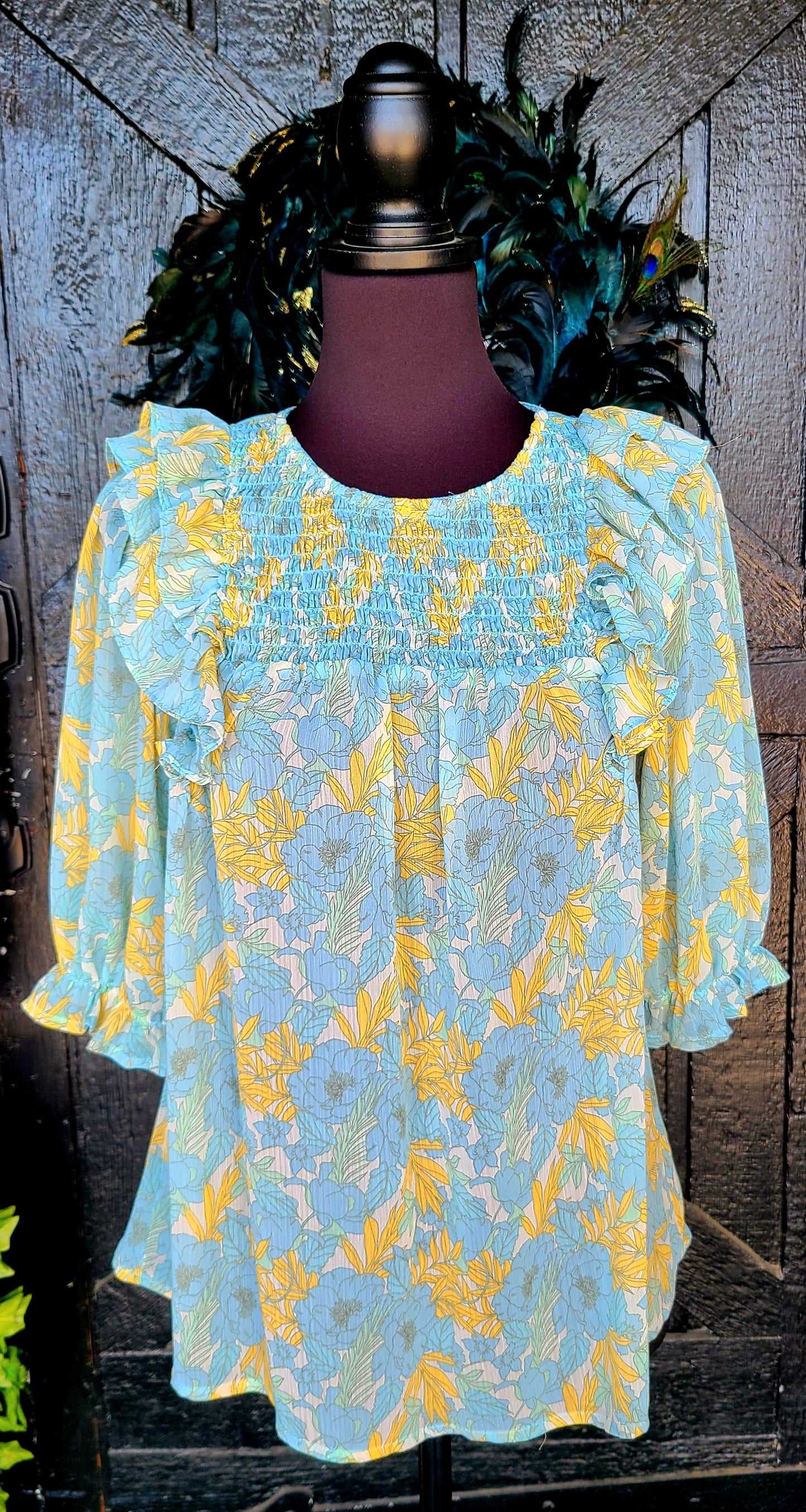 Blue and Yellow Floral Smocked Ruffle Top