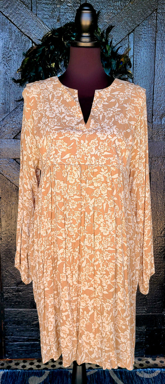 Tan Floral V Neck Dress