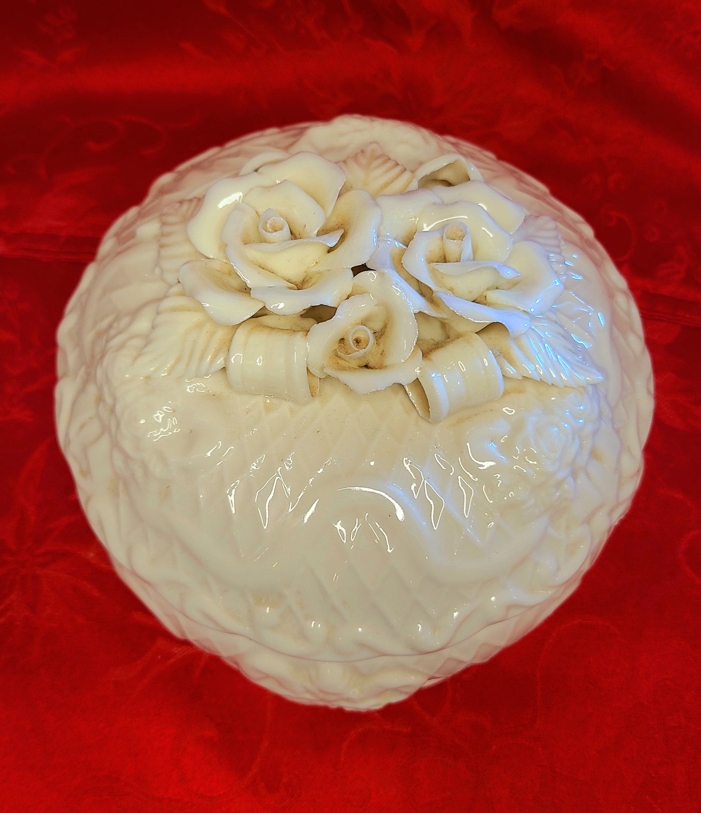 Vintage Ivory Porcelain "Roses and Ribbons" Trinket Box