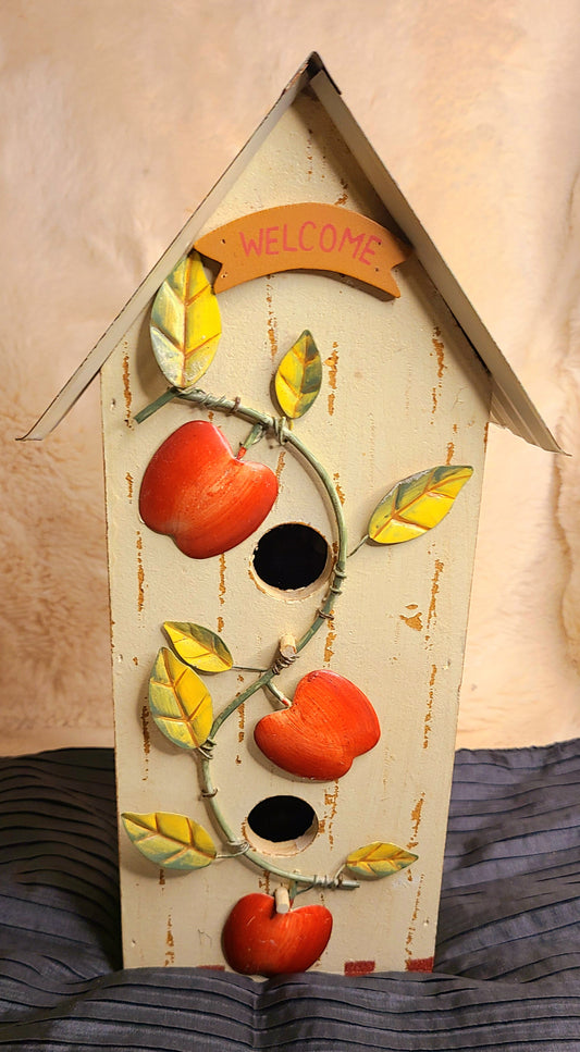 Vintage Style Wood Birdhouse with Metal Roof and Apple Design