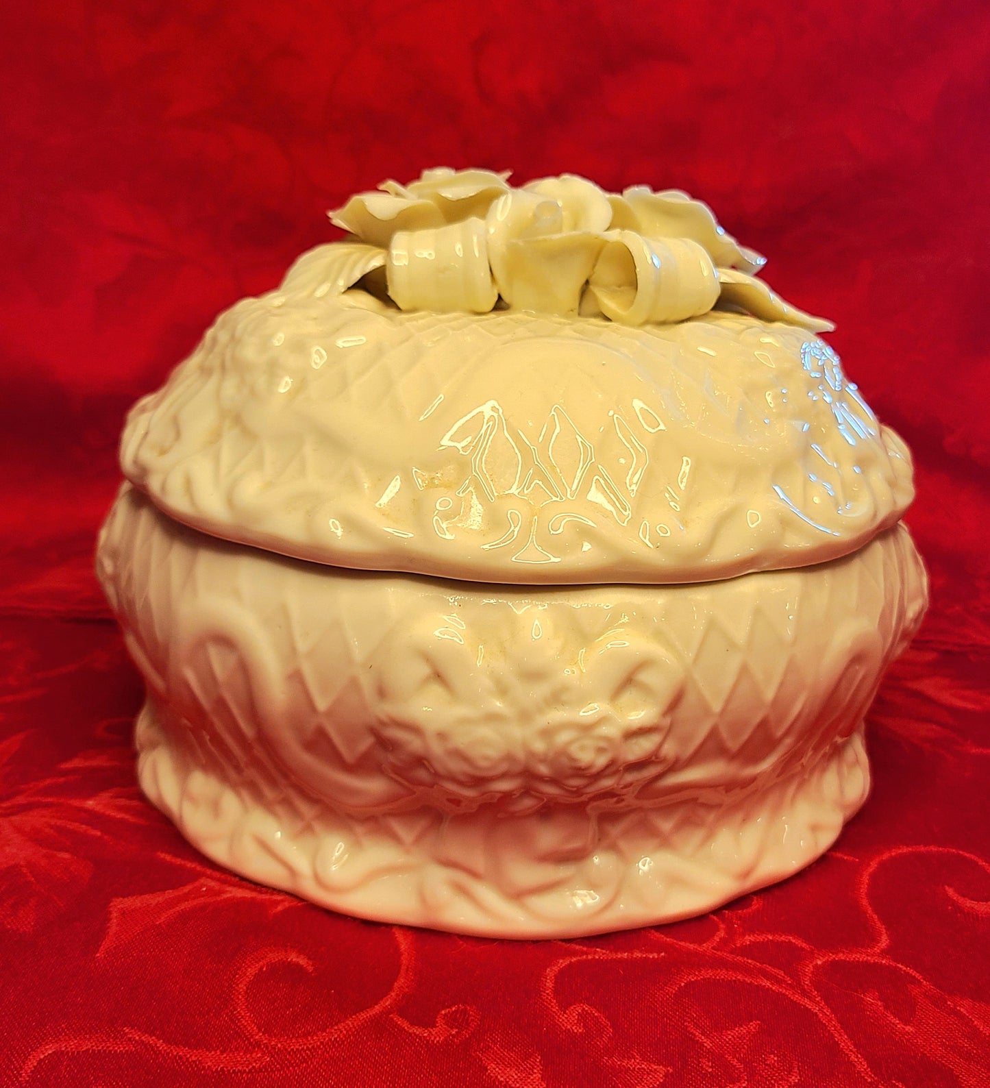 Vintage Ivory Porcelain "Roses and Ribbons" Trinket Box