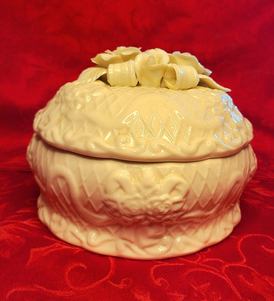 Vintage Ivory Porcelain "Roses and Ribbons" Trinket Box