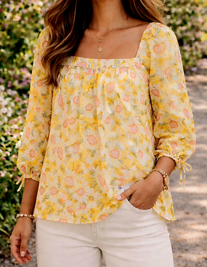 Yellow and Pink Sunflower Tie Sleeve Top