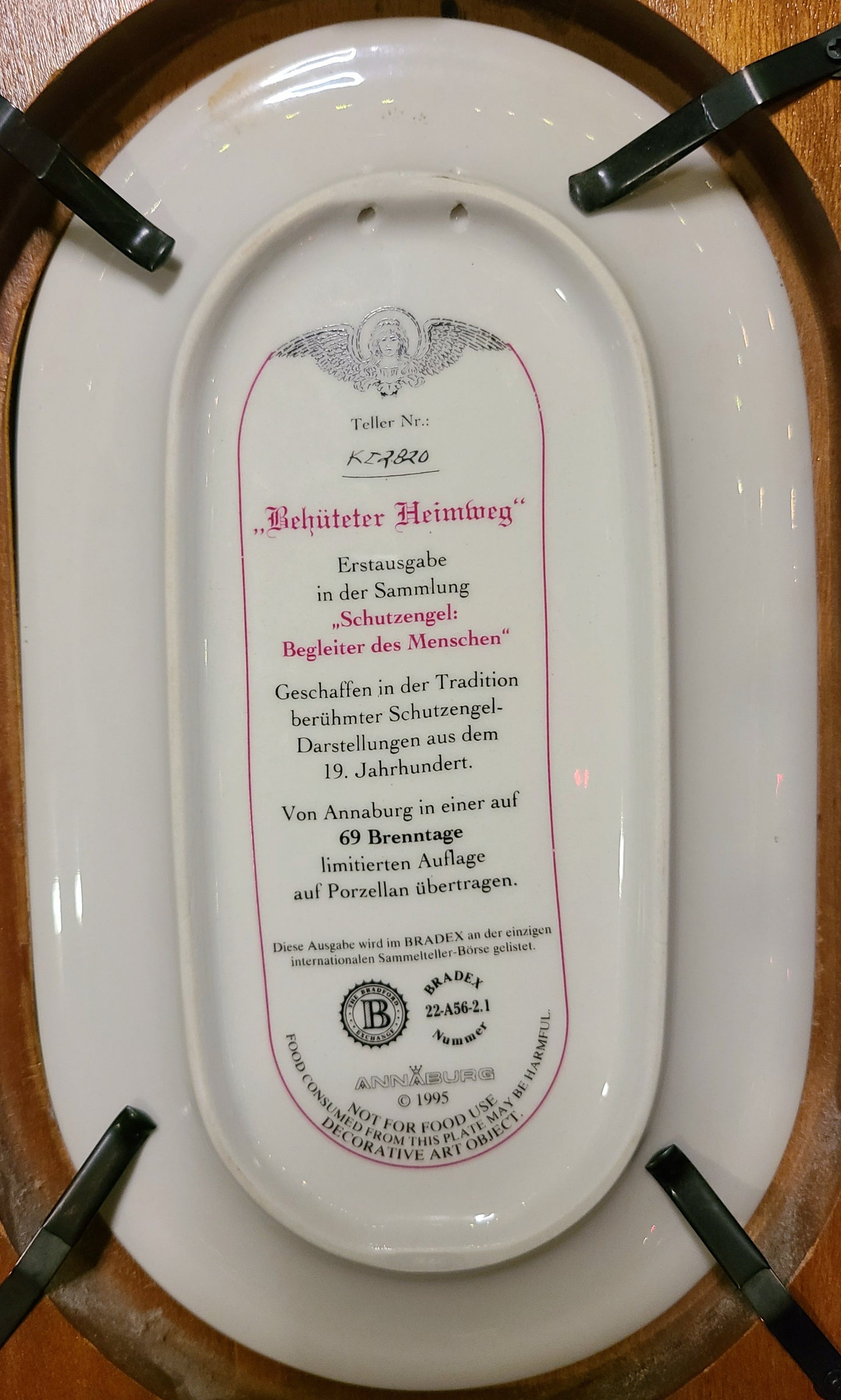 The Bradford Exchange- Limited Edition-Vintage- Guardian Angel Collector Plate in Oval Wood Frame