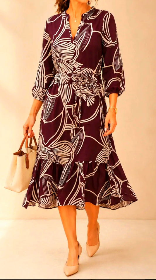 Wine Floral Balloon Sleeve Midi Dress