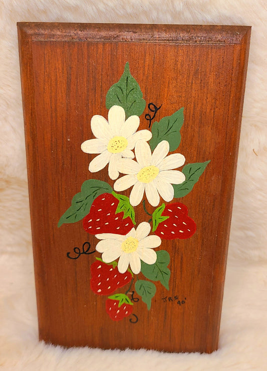 Vintage Hand Painted Strawberries and Daisies Wood Plaque