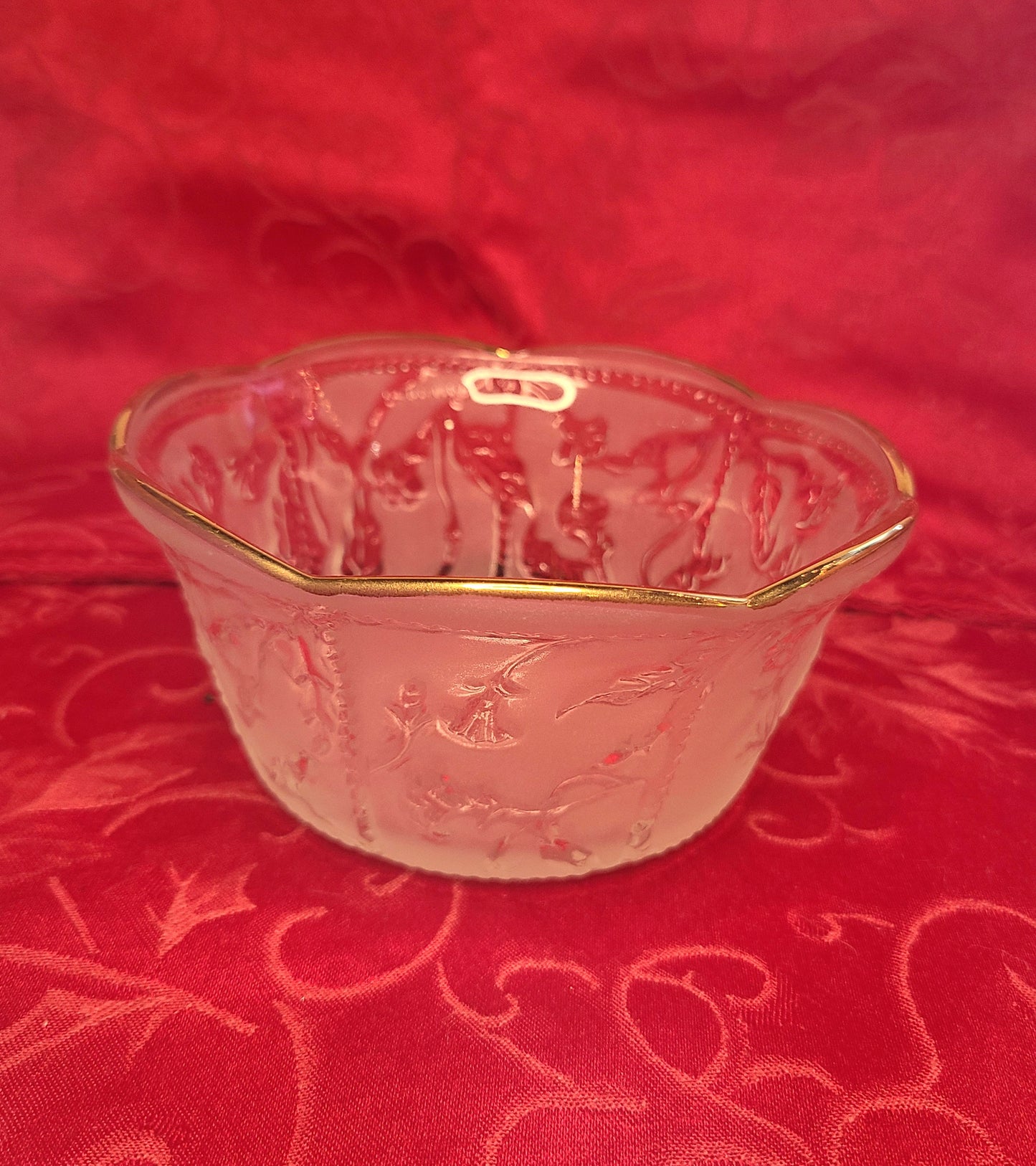 Vintage 1960's KIG Indonesia Frosted Glass Bowl with Floral Design and Gold Rim