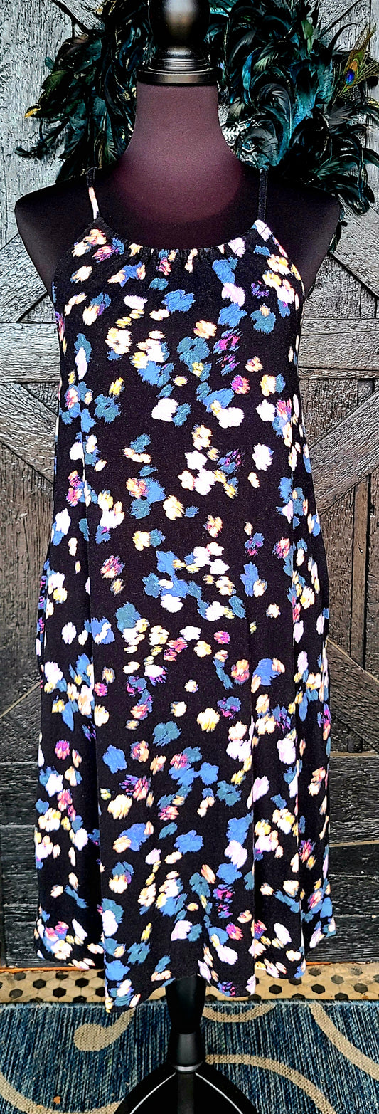 Time and Tru Black Multiprint Sleeveless Dress with Pockets Size 8-10