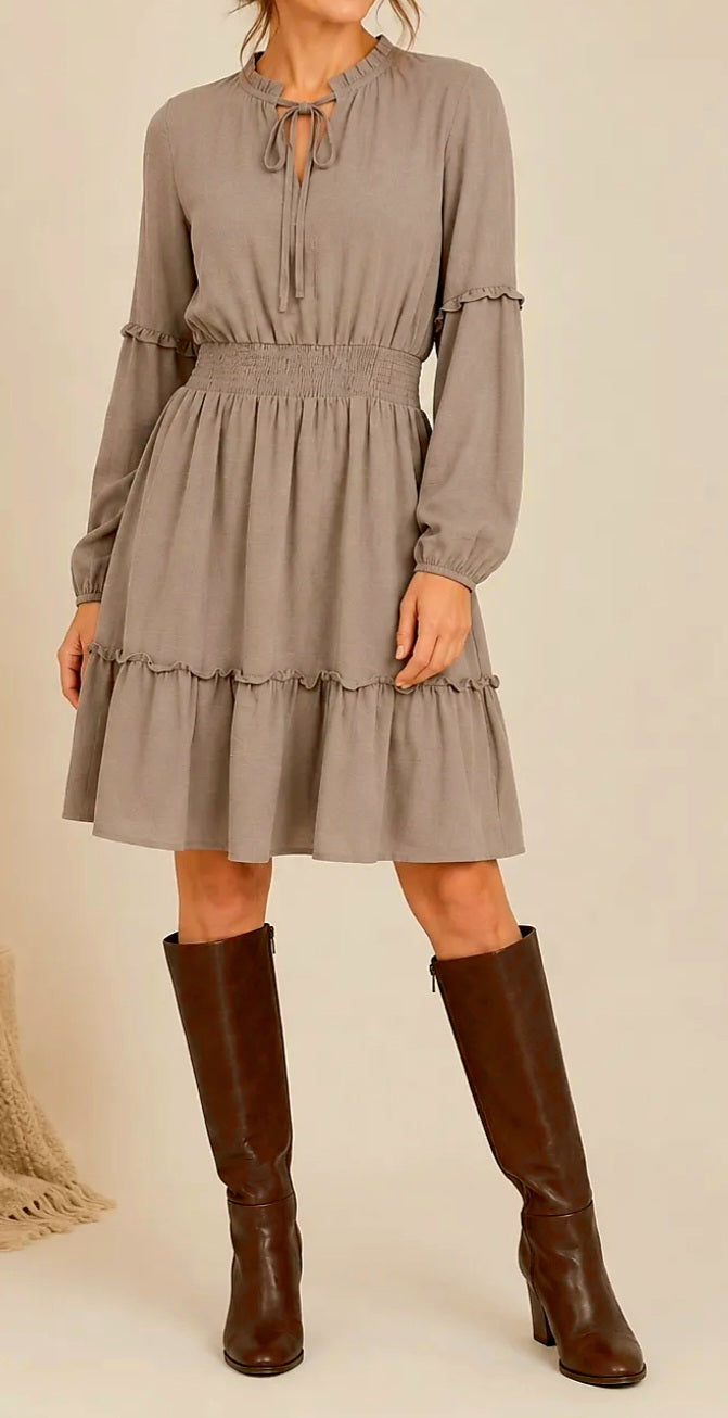 Mocha Balloon Sleeve Tie Front Dress