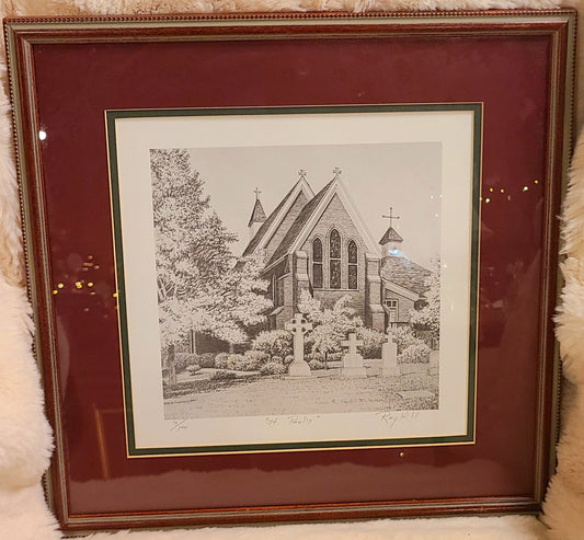 Framed Ink Drawing Print Titled "St. Paul's" by Artist Ray Hill Number 7 of 100