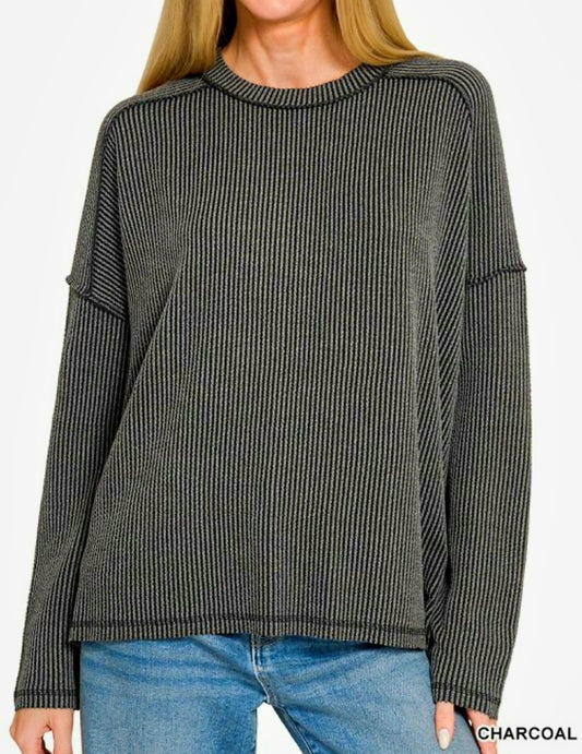 Zenana Charcoal Grey Ribbed Reverse Stitch Top