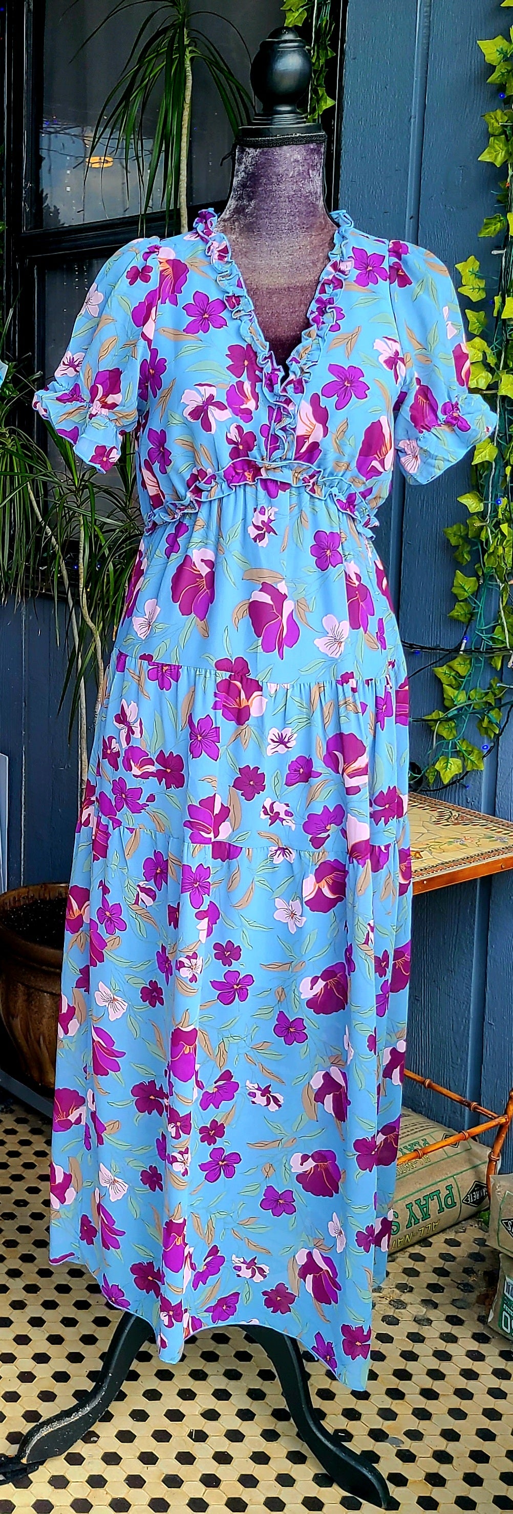 Blue Floral Ruffled V Neck Maxi Dress