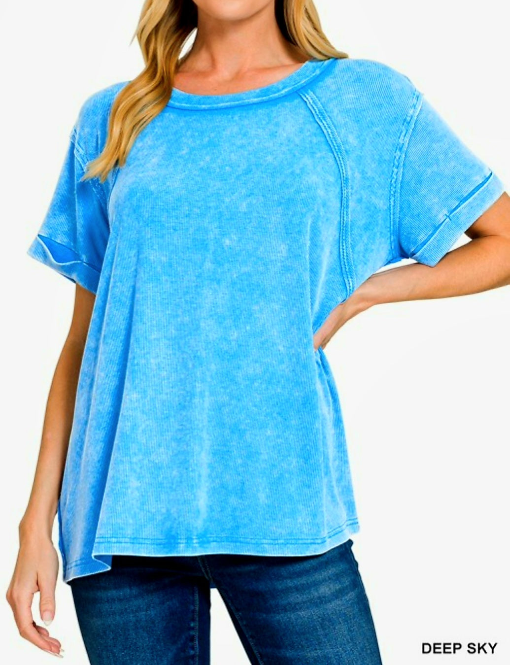Zenana Deep Sky Ribbed Top