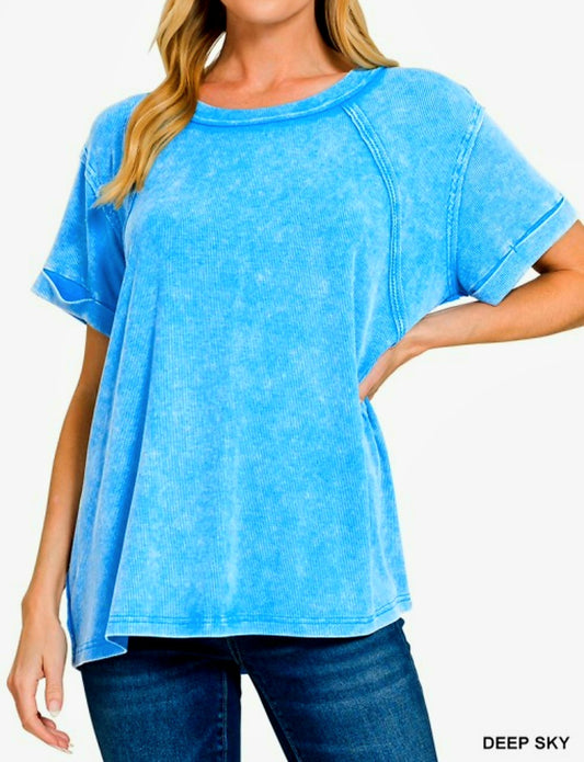 Zenana Deep Sky Ribbed Top