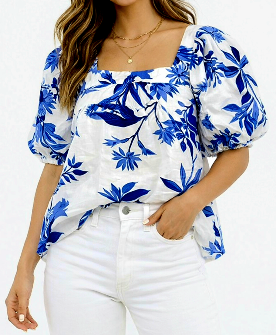 Blue and White Floral Square Neck Puff Sleeve Top