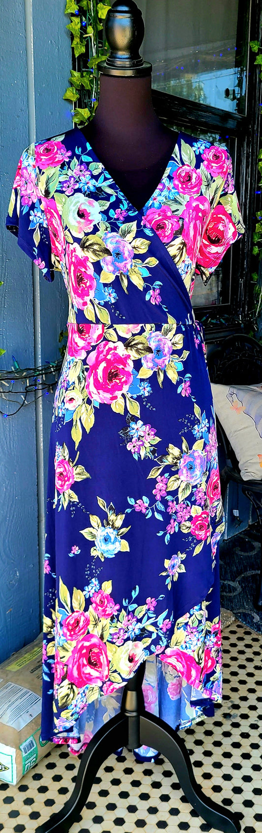 Navy with Pink Floral Faux Wrap Maxi Dress
