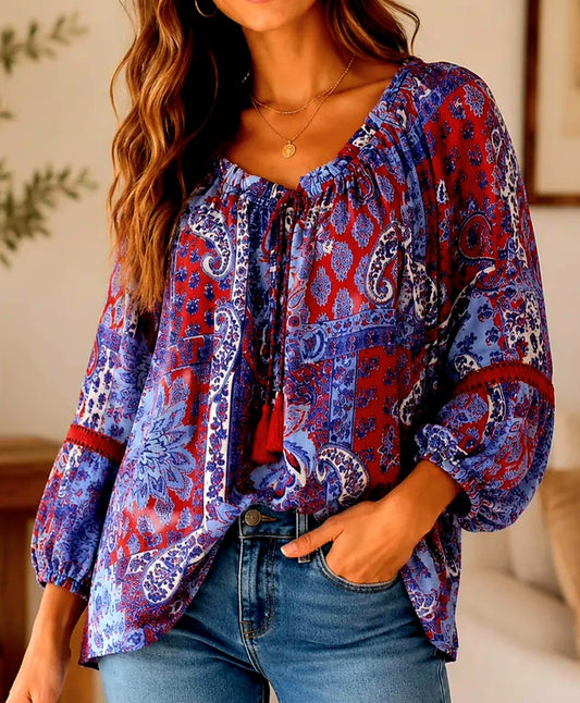 Red and Blue Paisley 3/4 Sleeve Top