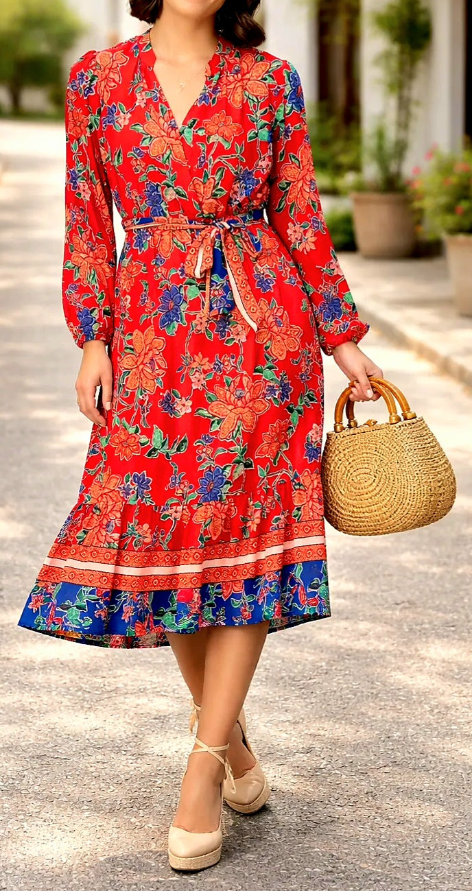 Red and Blue Floral Maxi Dress