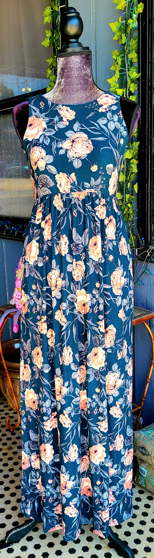 Teal with Peach Floral Sleeveless Maxi Dress with Pockets
