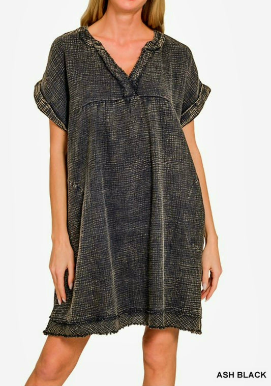 Zenana Ash Black V Neck Dress with Pockets