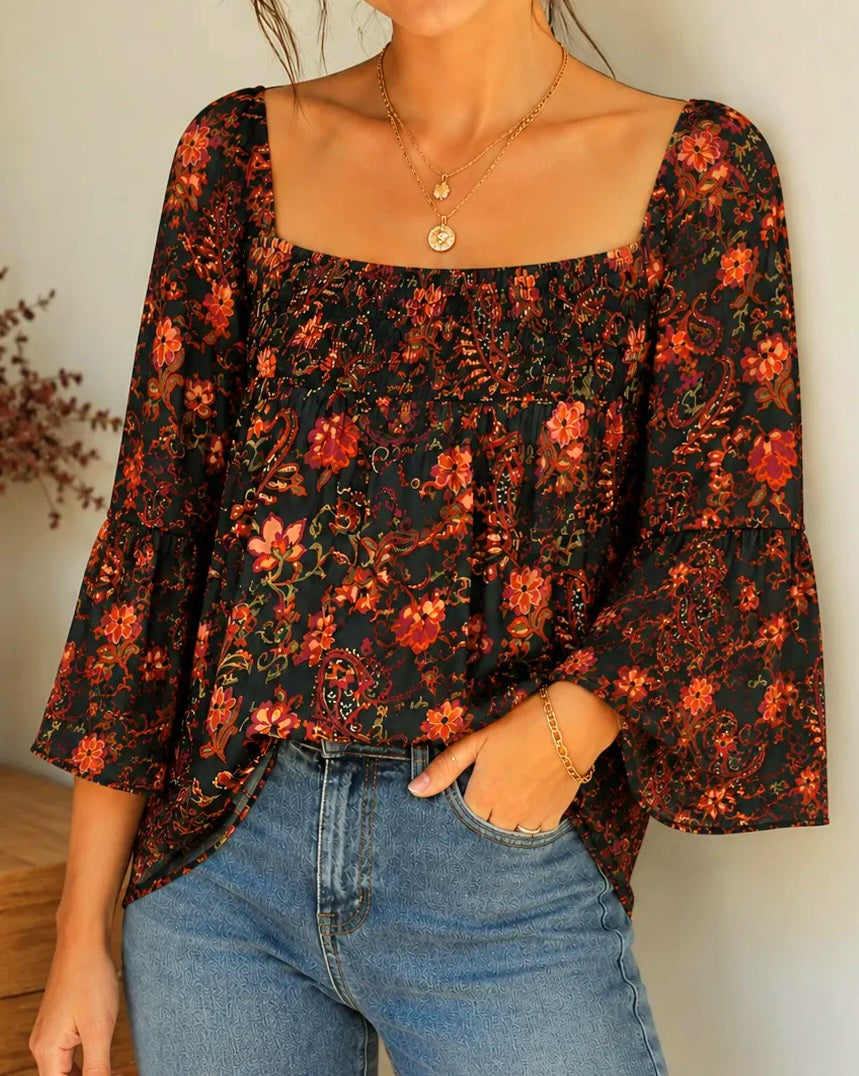 Black and Orange Floral Smocked Bell Sleeve Top