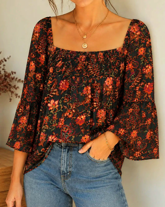 Black and Orange Floral Smocked Bell Sleeve Top