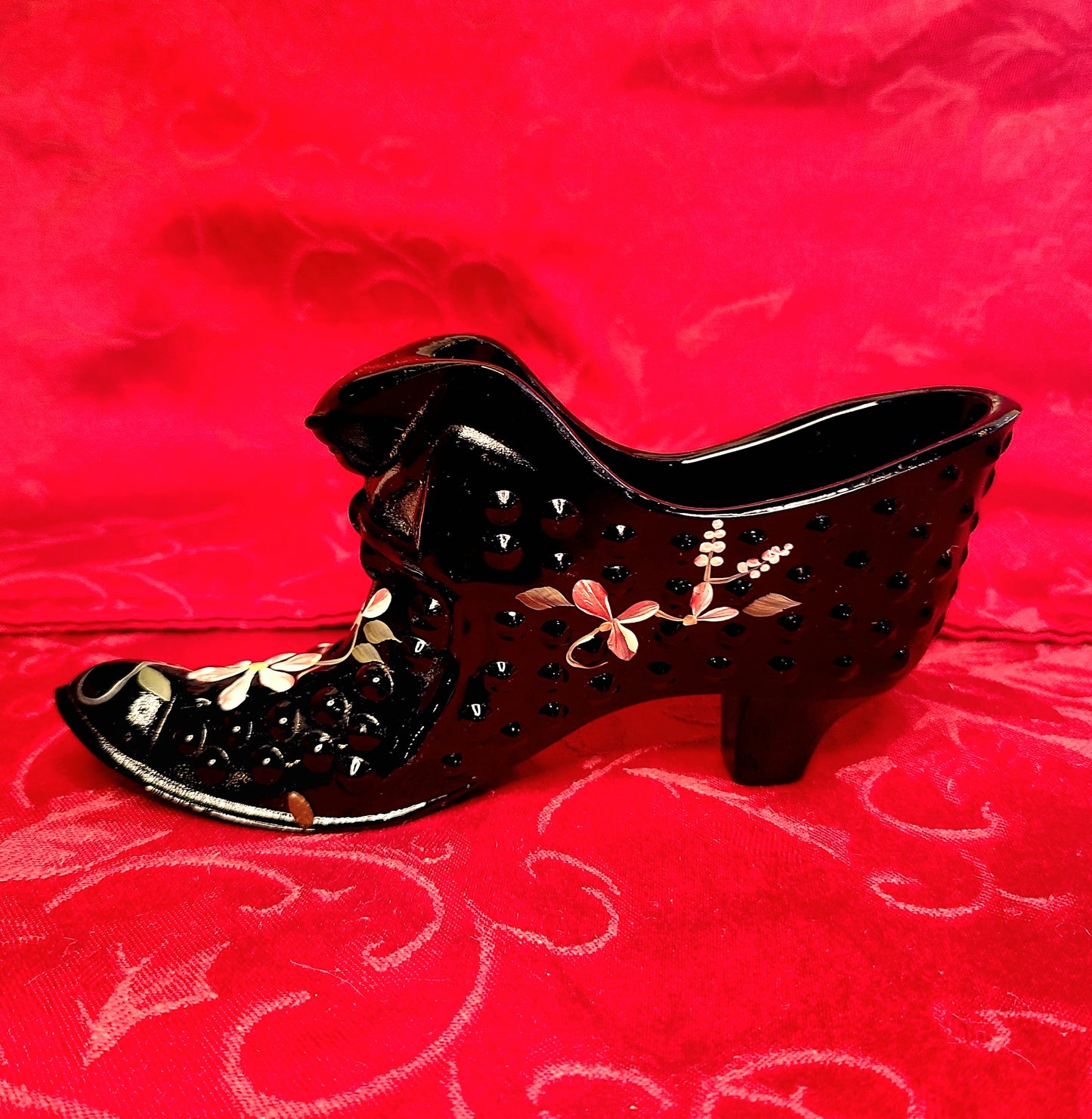 Vintage Fenton Black Glass Shoe- Hand Painted in Japan-Signed by Artist