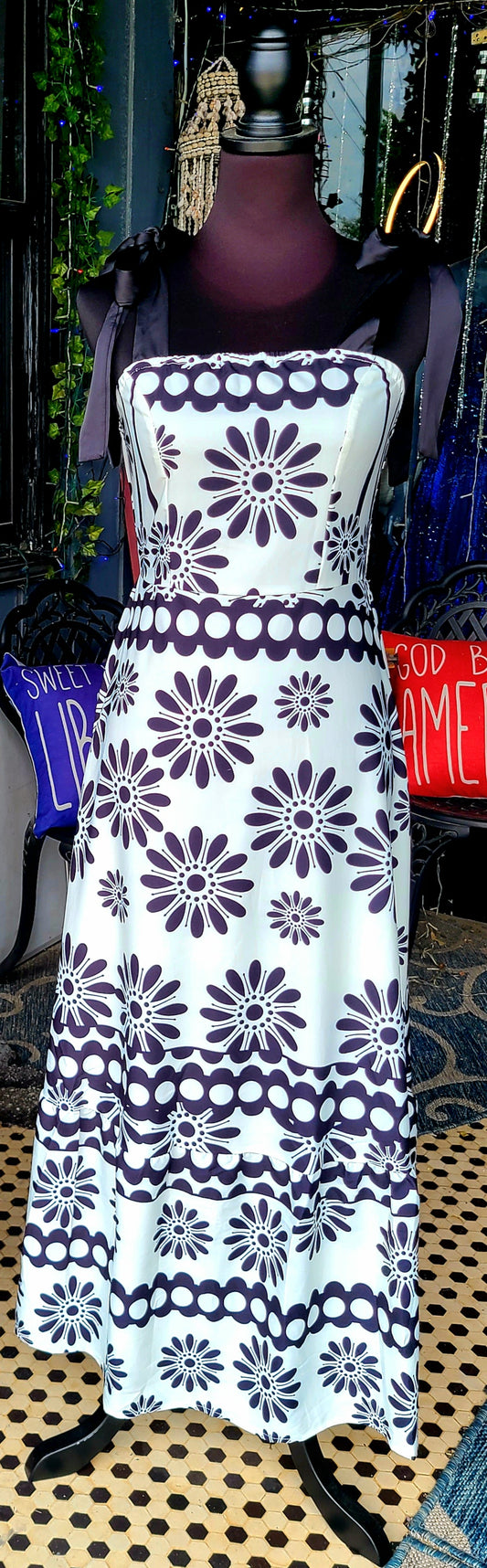 Black and White Boho Floral Tie Shoulder Maxi Dress