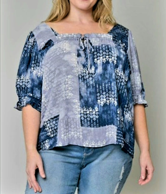 Blue Denim Patch Square Neck Top