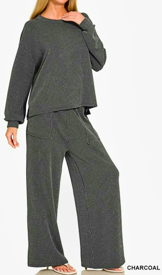 Zenana Charcoal Grey Ribbed Reverse Stitch Top and Pants Set