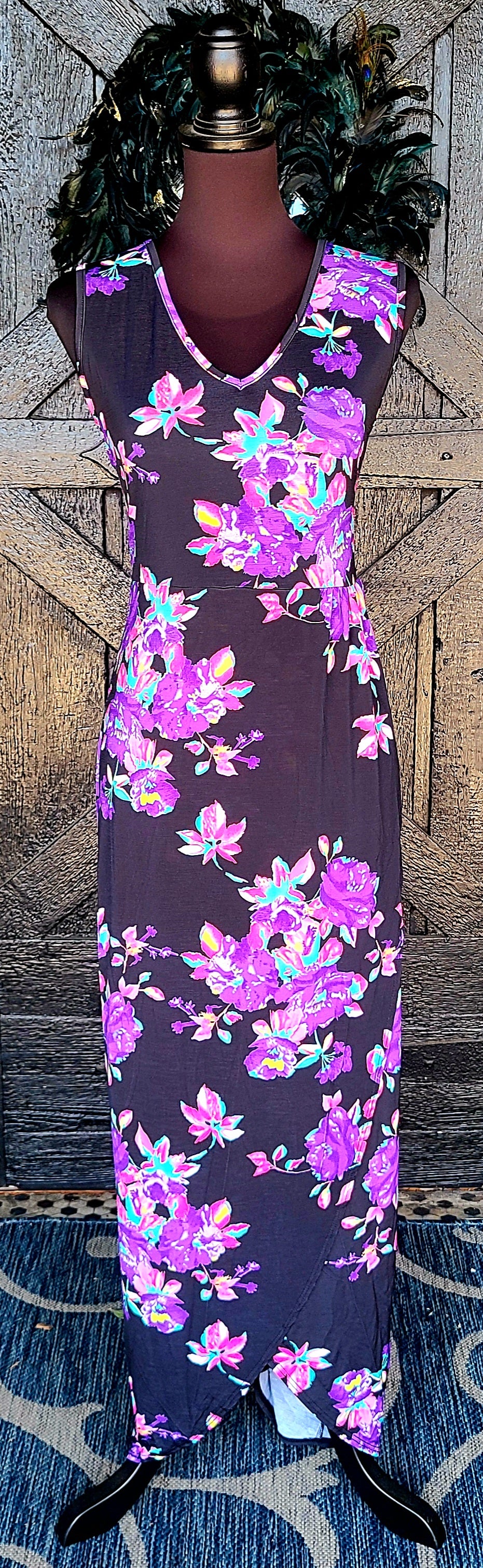 Plus Size Black with Purple Floral Sleeveless Maxi Dress