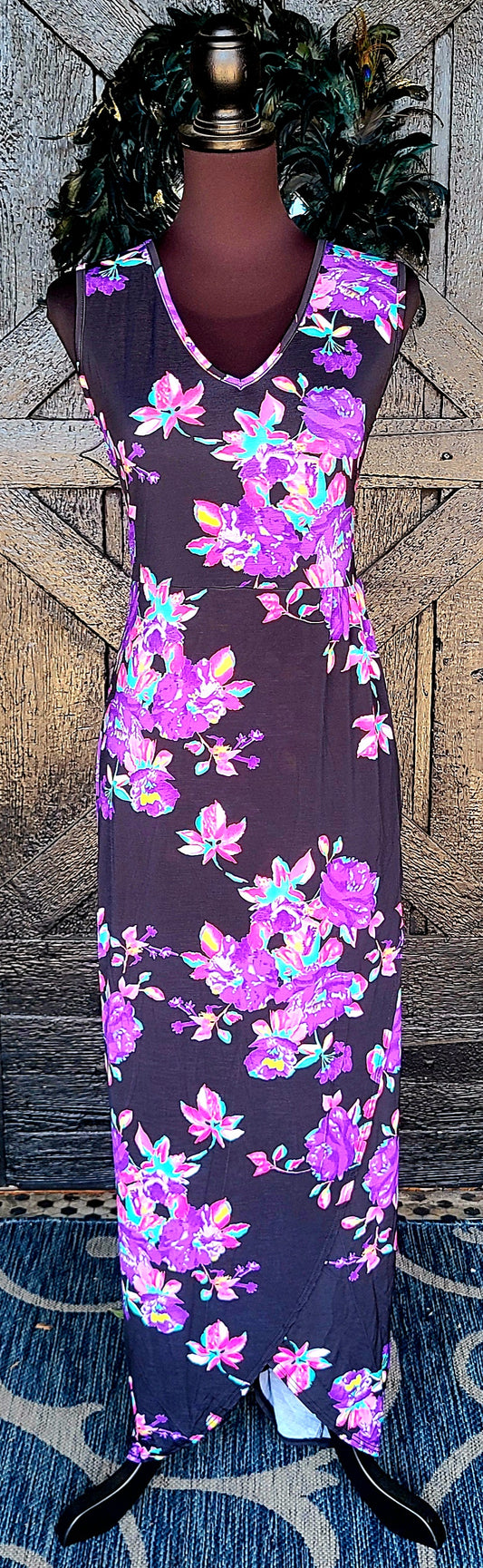 Plus Size Black with Purple Floral Sleeveless Maxi Dress