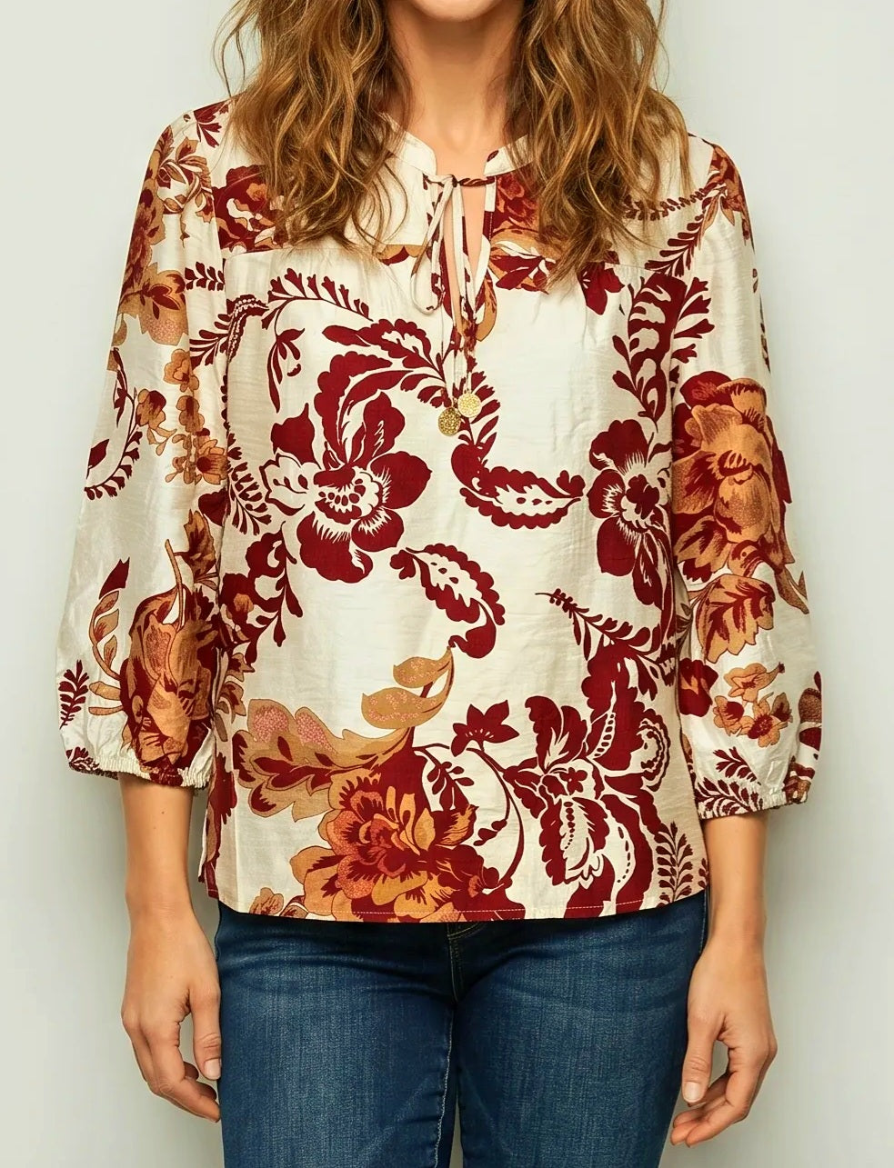Brown Floral Tie Front Puff Sleeve Top