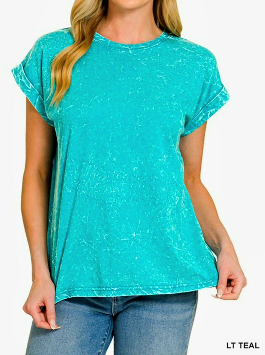 Zenana Light Teal Crinkle Wash Top