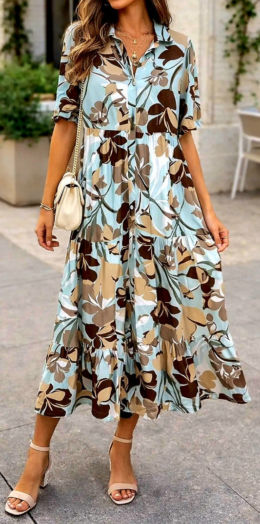 Sandra Blue Floral Button Up Tiered Maxi Dress