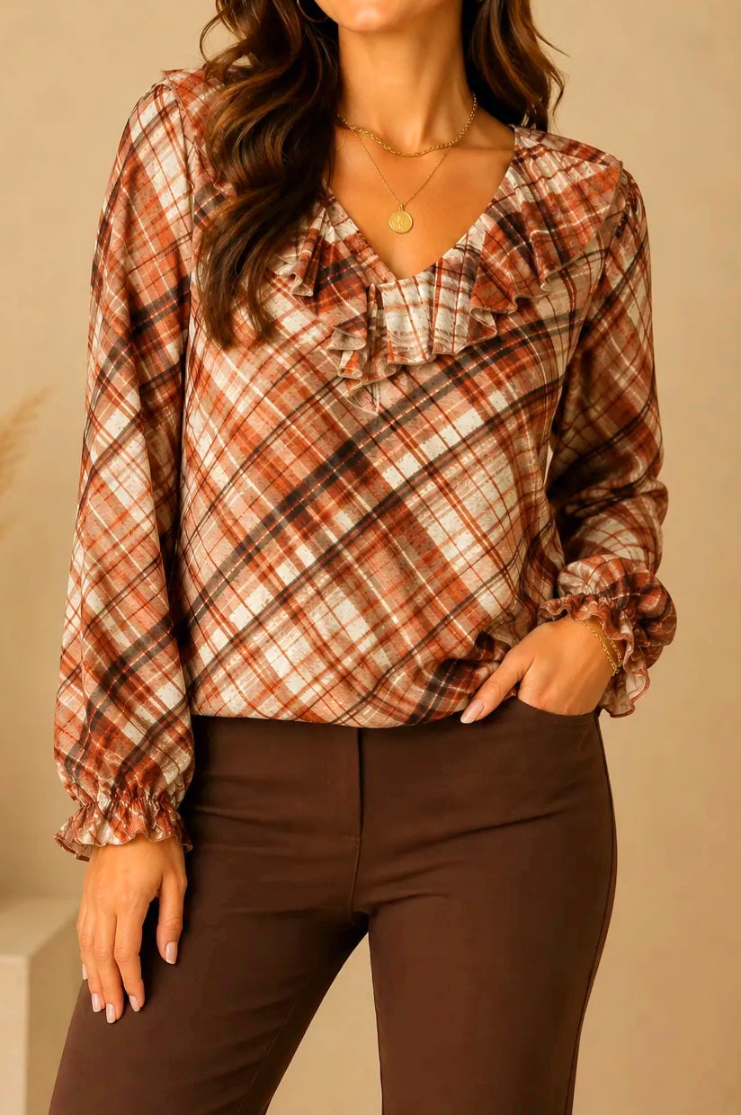 Brown Plaid Ruffle Peasant Sleeve Top