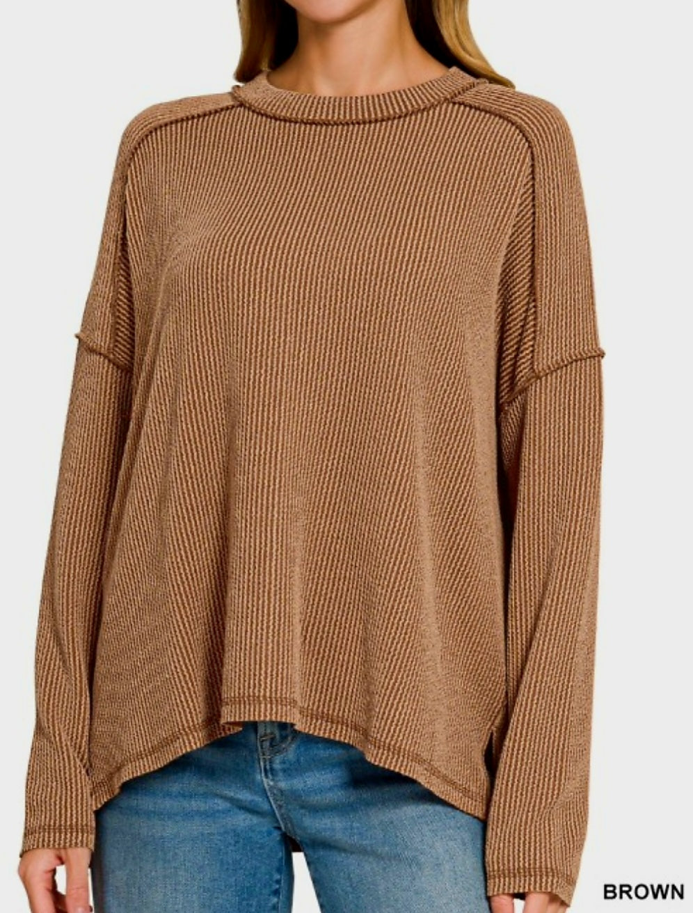 Zenana Brown Ribbed Reverse Stitch Top
