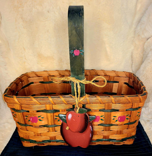 Vintage Style Woven Basket with Hand Painted Apple Design