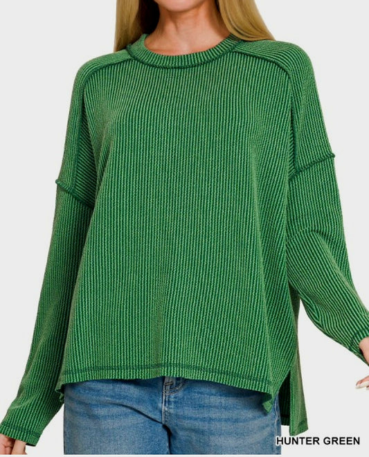 Zenana Hunter Green Ribbed Reverse Stitch Top