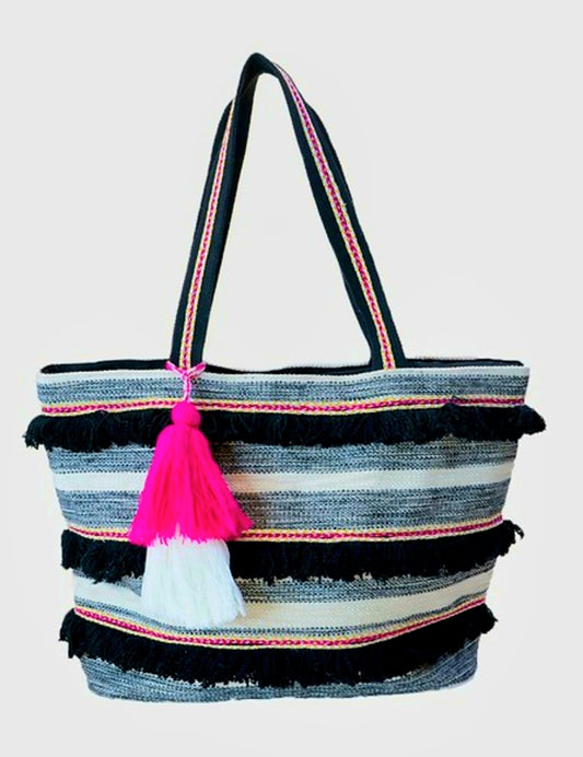 Jen and Co Black and Pink Stripe " Taisha" Handwoven Tote