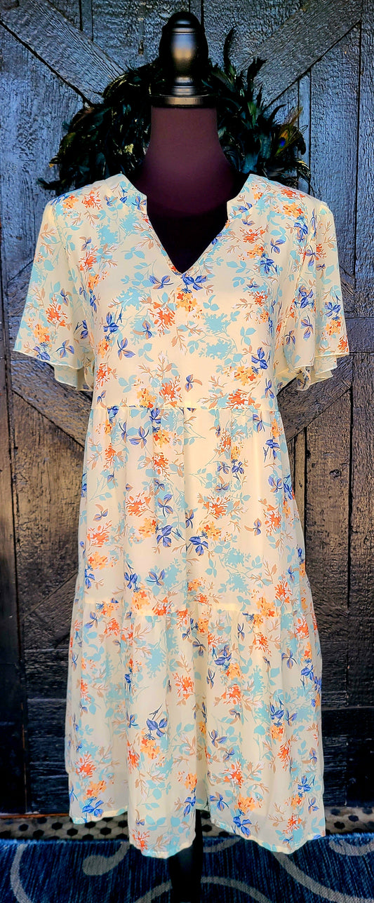Beige Floral V Neck Dress