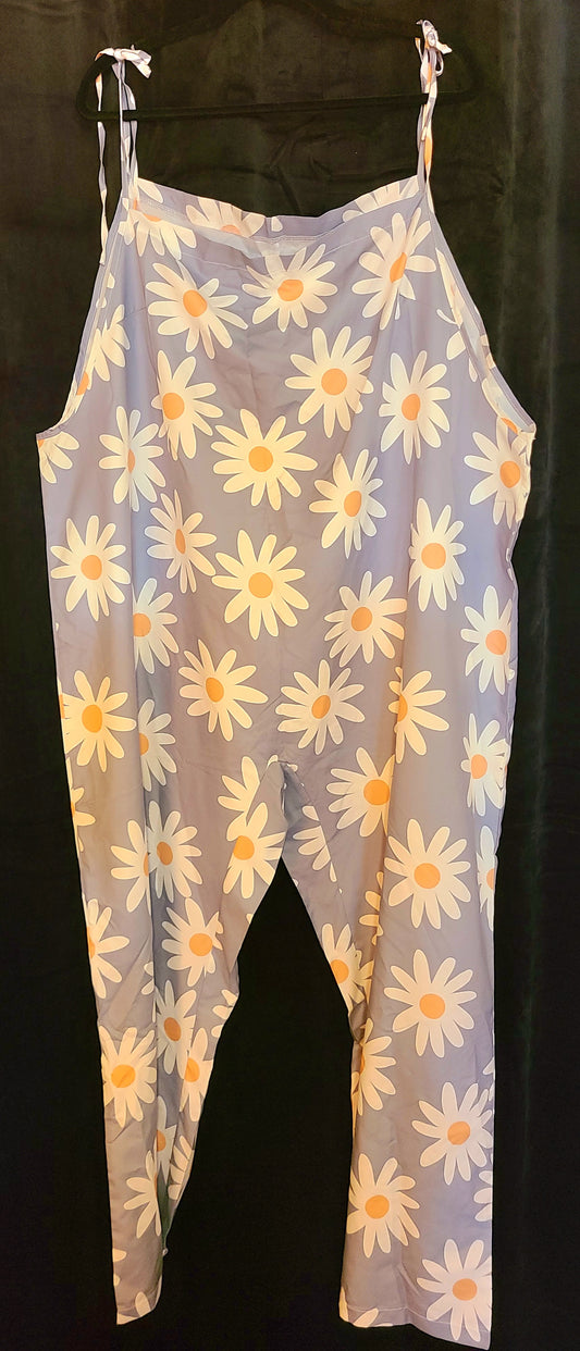 Grey with White Daisies Tie Shoulder Jumpsuit Size 3X