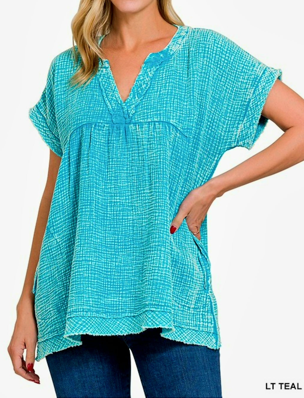 Zenana Light Teal V Neck Top with Pockets