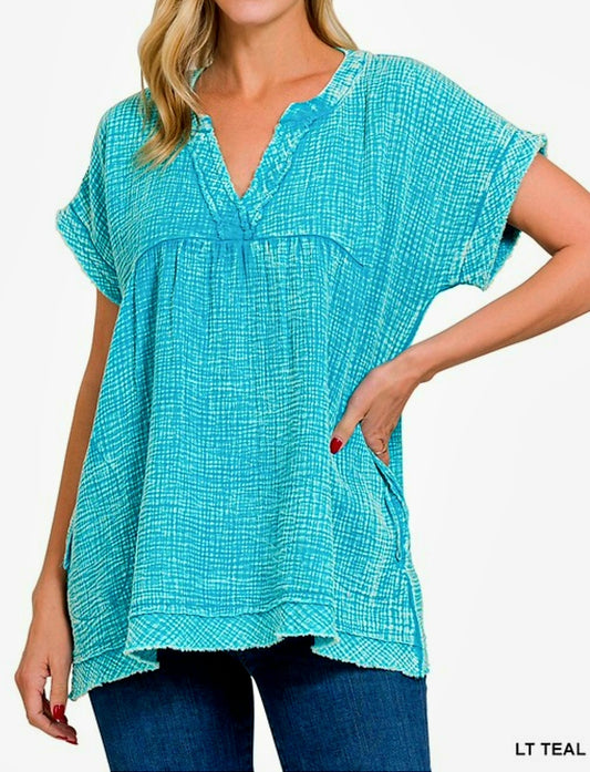 Zenana Light Teal V Neck Top with Pockets
