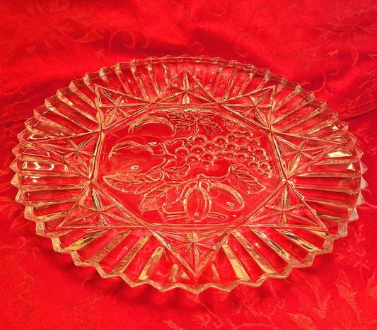 Vintage Federal Glass Platter with Embossed Fruit Design and Scalloped Edge